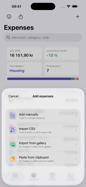 The add-expense options: manual, CSV, scan from gallery, or paste
